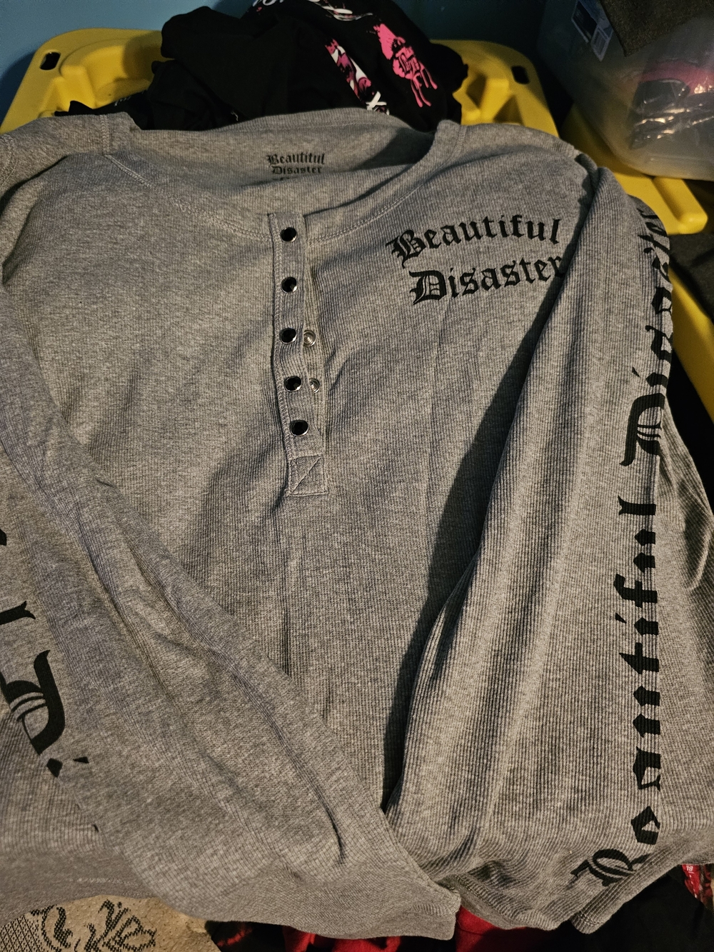 Beautiful Disaster Women's Grey Long-Sleeve Henley Tee